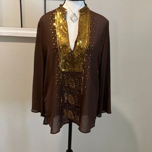 Vivendi vintage sheer sequins front & back design mandarin collar side splits 1